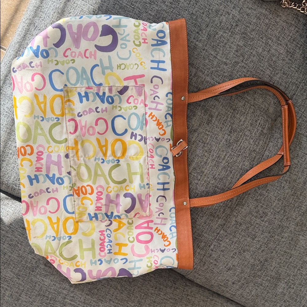Coach Multicolor Logo Print Tote with Tan Accents — Reversible